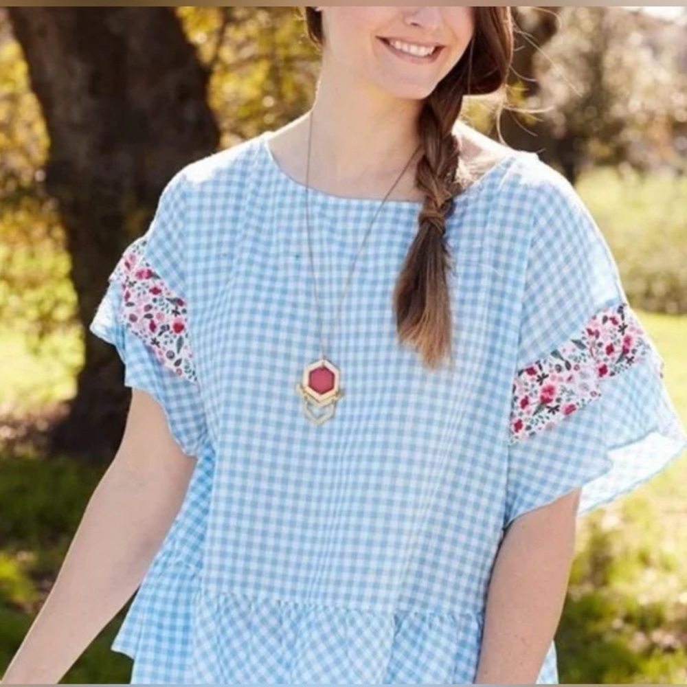 Matilda Jane Rural Route Blue Gingham Peplum Blouse with Floral Sleeves Size XS